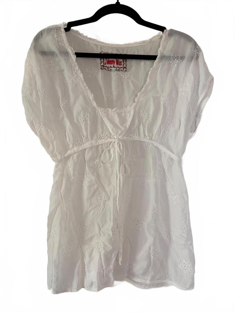 Johnny Was Babydoll Tunic Blouse Size S White Eyelet Embroidered Tie Front